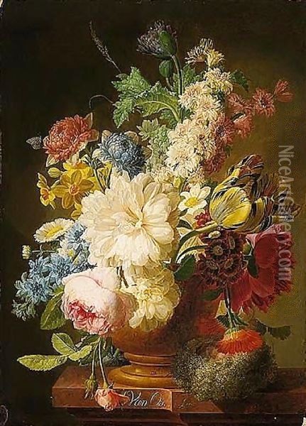A Still Life Of Mixed Flowers Including Roses, Poppies And Narcissi In A Stone Vase, Together With A Bird's Nest, All Upon A Ledge With A Ladybird And A Moth Oil Painting - Pieter Faes