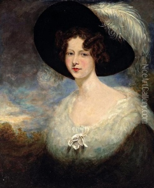 A Portrait Of A Lady, Half-length, In A Picture Hat Decorated With An Ostrich Plume Oil Painting - Thomas Lawrence