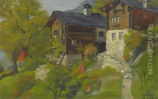 Two Houses In The Mountains Oil Painting - Ludwig Werlen
