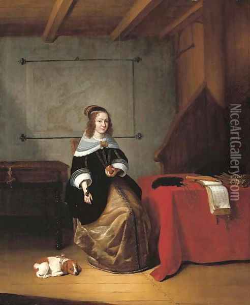 An interior with a woman seated holding an orange by a draped table, a dog at her side, a map of Europe and a spinet behind Oil Painting - Quiringh Gerritsz. van Brekelenkam