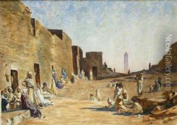 Place Animee Devant La Casbah Oil Painting - Gustave Achille Guillaumet