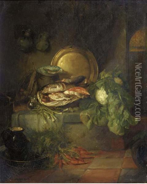 Fish For Dinner: A Kitchen Still Life Oil Painting - Maria Vos