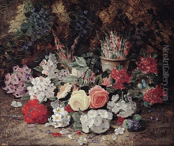 Arrangierte Fruhlingsblumen Auf Waldboden Mit Vogelnest Oil Painting - Horace Mann Livens