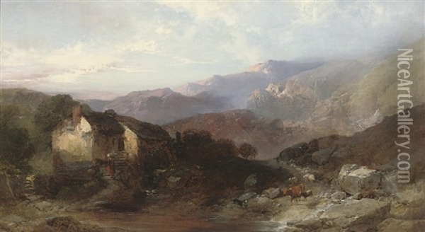A Welsh Landscape With Figures, Cattle And Sheep Before A Cottage Oil Painting - Henry Bright