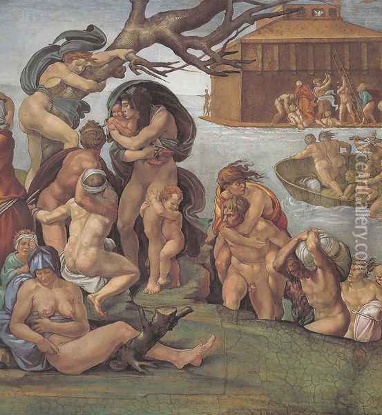 Ceiling of the Sistine Chapel: Genesis, Noah 7-9: The Flood, left view Oil Painting - Michelangelo Buonarroti