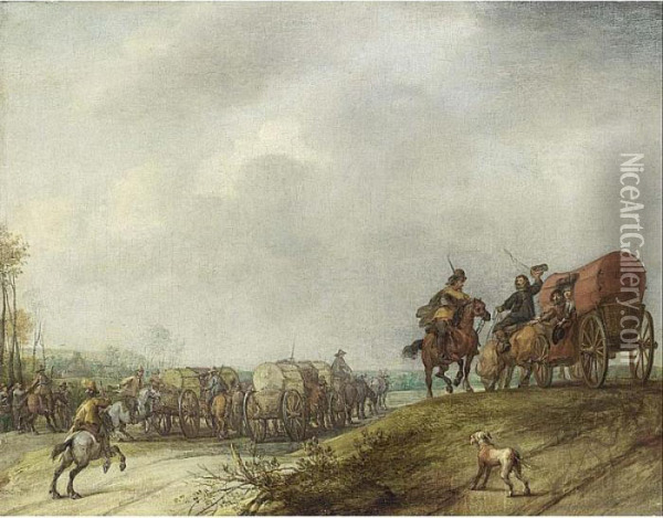A Landscape With Cavalry And Horse-drawn Carts, A Dog In The Foreground Oil Painting - Pieter Snayers