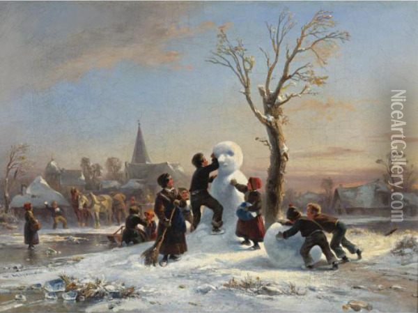 Children Building A Snowman Oil Painting - Wilhelm Alexander Meyerheim