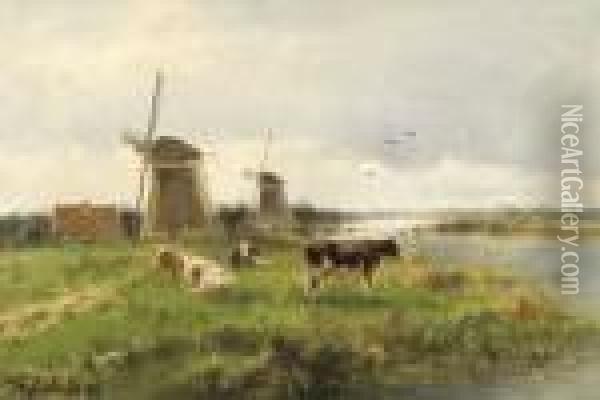 Sommerliche Flusslandschaft Mit Grasenden Kuhen. Oil Painting - Cornelis I Westerbeek