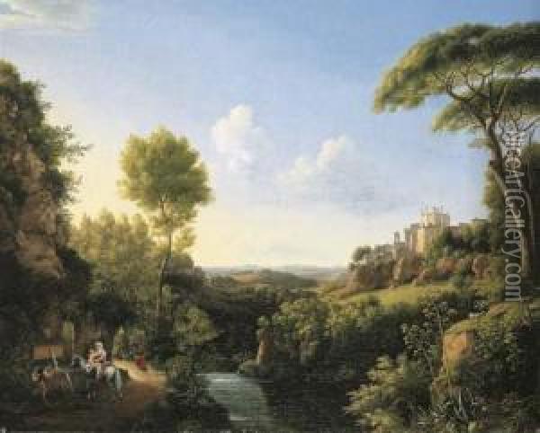 An Italianate Landscape With Travellers Halting At A Fountain, A Castle Beyond Oil Painting - Pierre-Athanase Chauvin