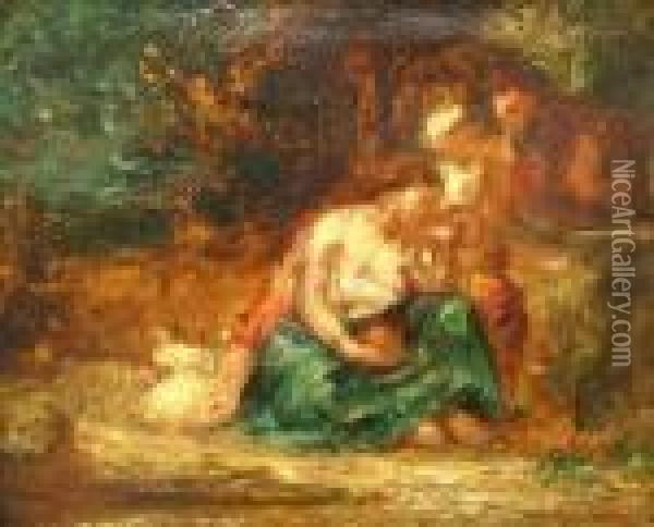 Group Of Figures In A Garden Oil Painting - Adolphe Joseph Th. Monticelli