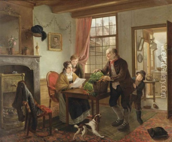 A Family In An Interior With A Dog And Cat Oil Painting - Adriaen de Lelie