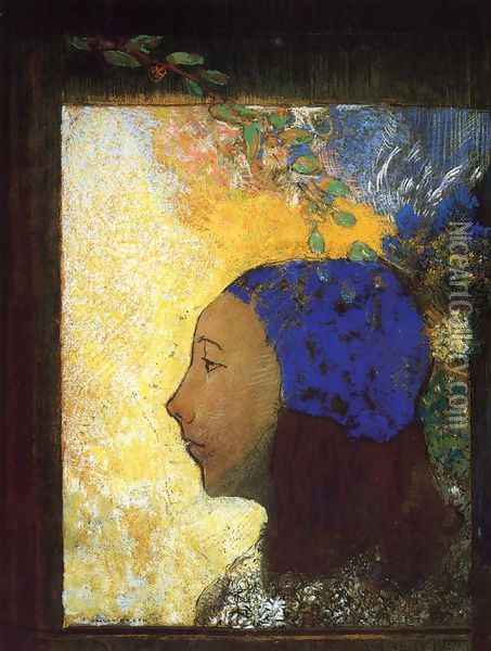 Young Girl In A Blue Bonnet Oil Painting - Odilon Redon