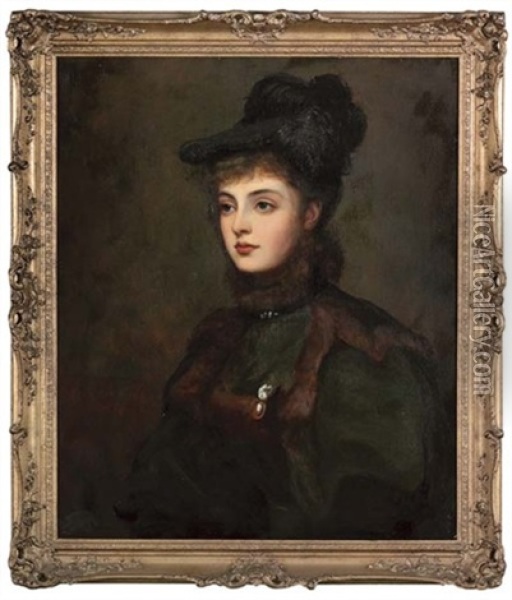 Portrait Of Lady Margaret Scott In A Fur-trimmed Green Coat And Hat Oil Painting - Ellis William Roberts