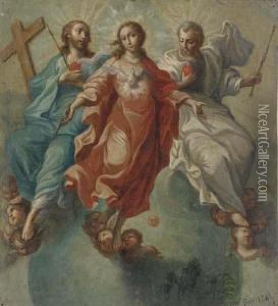 La Santisima Trinidad Con La Virgen Oil Painting - Miguel Cabrera