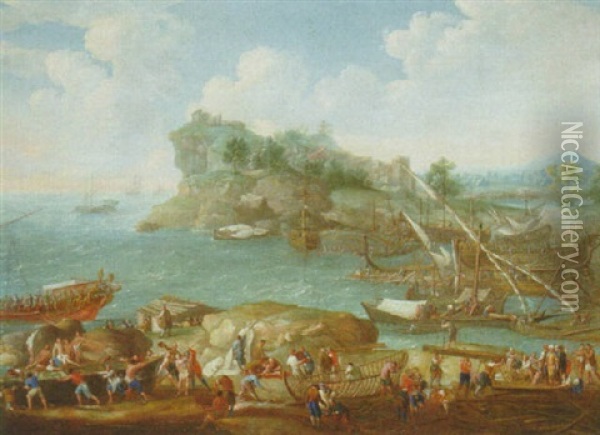 A Mediterranean Coastal Landscape With Levants And Shipbuilders In The Foreground Oil Painting - Lucas Janszen de Wael
