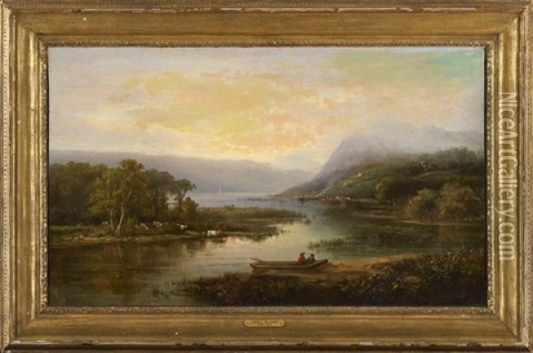 Hudson River Valley Landscape With Two Figures In A Boat Oil Painting - James McDougal Hart