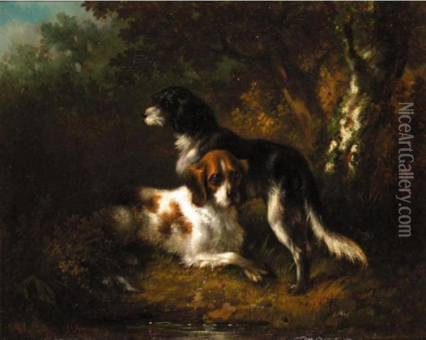 Hounds In A Wood Oil Painting - Narcisse-Virgile D Az De La Pena