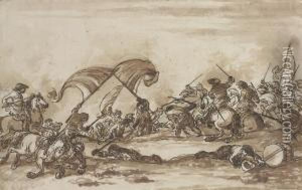 A Battle Scene With Fallen Soldiers Crawling Across Thebattlefield Oil Painting - Francesco Simonini