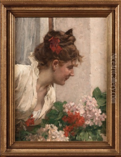 Jeune Femme Aux Fleurs Oil Painting - Charles Hermans