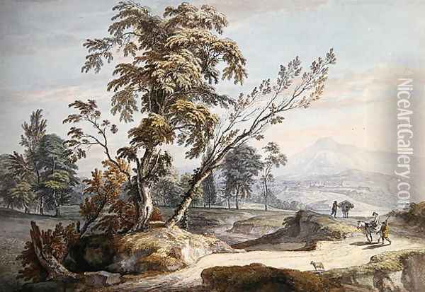Italianate Landscape with Travellers no.2, c.1760 Oil Painting - Paul Sandby