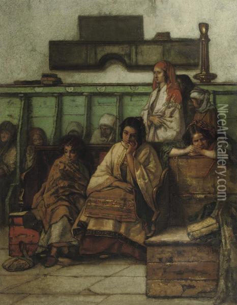 Le Banc Des Femmes A La Synagogue De Prague: In The Synagogue Oil Painting - Henri Auguste