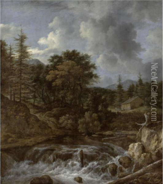 A Scandinavian Landscape With A Wood Beside A Torrent And A Waterfall, A Cottage Beyond Oil Painting - Jacob Van Ruisdael