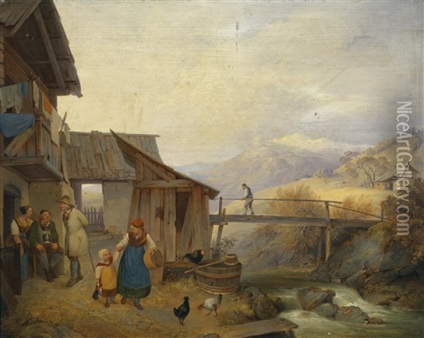 Bauernhofidylle In Den Alpen Oil Painting - Ignaz Raffalt