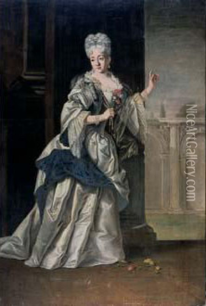 Portrait De Jeune Femme Tenant Un Collier De Perles Devant Une Cour De Palais Oil Painting - Marco Benefial