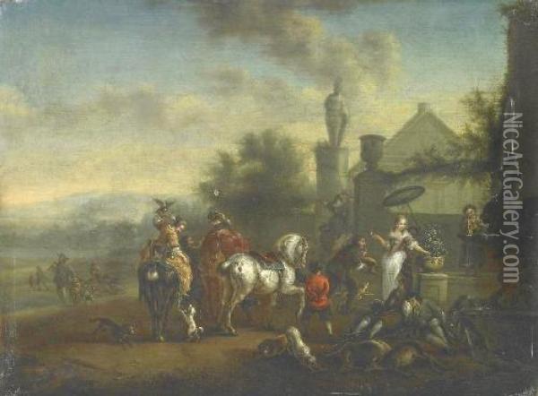 Courtly Hunting Company,halting By The Font Oil Painting - Carel van Falens or Valens