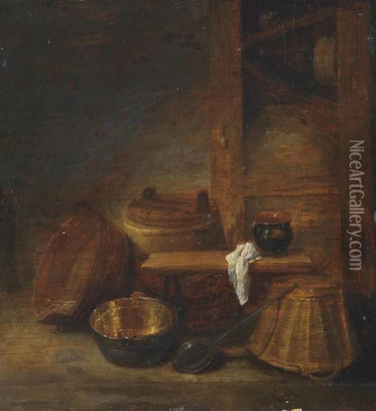 A Barrel, An Upturned Basket, A Ladle And A Jug On A Bench - A Fragment Oil Painting - David The Younger Teniers