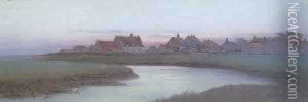 C- Cottages By A River At Sunset Oil Painting - Ida Marion Kirkpatrick