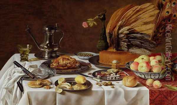 Still Life with a Peacock Pie, 1627 Oil Painting - Pieter Claesz.