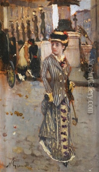 Woman In Parisian Street Oil Painting - Norbert Goeneutte