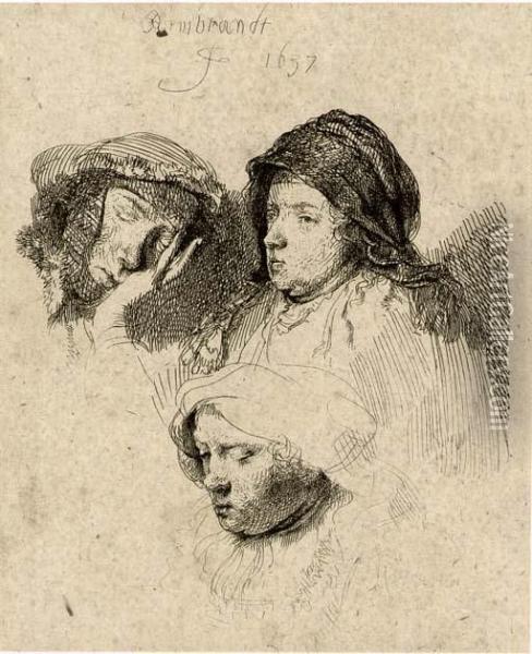 Three Heads Of Women: One Asleep Oil Painting - Rembrandt Van Rijn