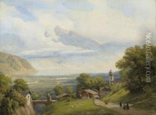 Cottages In A Mountainous Lakeland Scene Oil Painting - Rudolf Von Normann