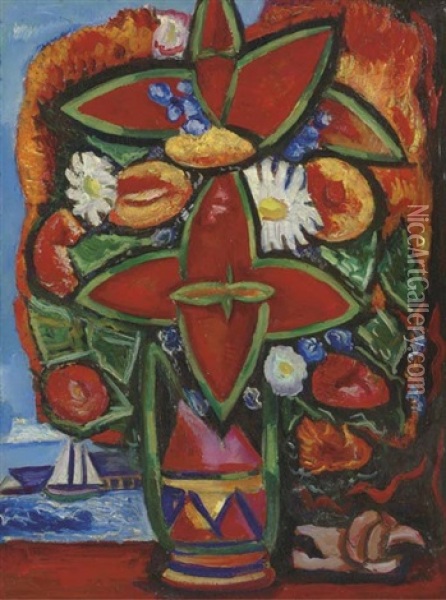 Red Flowers And Sailboat Oil Painting - Marsden Hartley