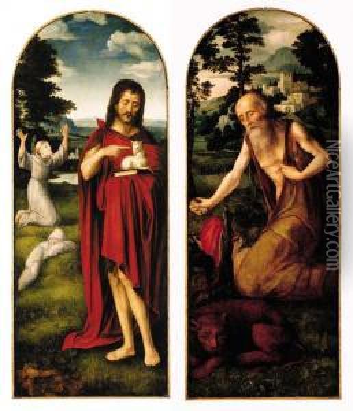 Saint John The Baptist In A 
Landscape, Saint Francis Of Assisi Beyond; And Saint Jerome In The 
Wilderness: Two Wings From An Altarpiece Oil Painting - Adriaen Isenbrandt (Ysenbrandt)