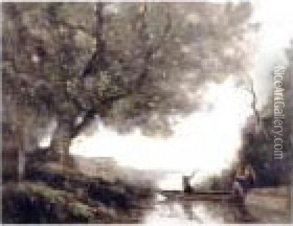 Les Paysannes Montant Dans La Barque Du Passeur Oil Painting - Jean-Baptiste-Camille Corot
