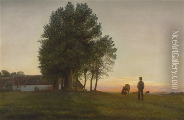 Abend Bei Bondegaarden In Der Nahe Von Roskilde Oil Painting - Edvard Frederik Petersen
