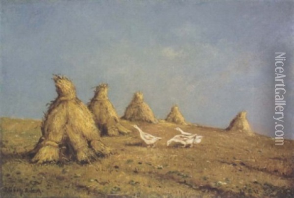 Haystacks And Geese Oil Painting - James Grey