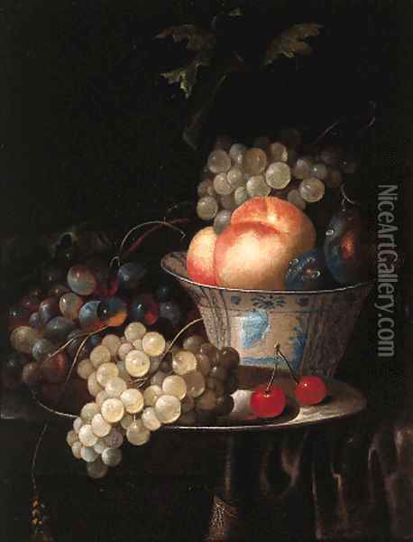 Peaches, plums and grapes in a Wan Li kraak porselein bowl Oil Painting - Jan Pauwel The Elder Gillemans