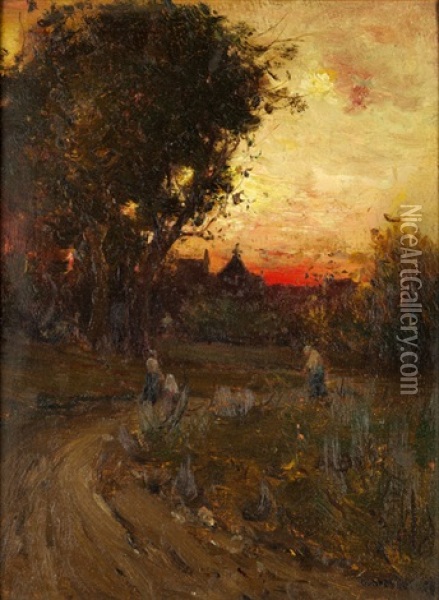 Blick Vom Waldrand Auf Gebaude Im Sonnenuntergangslicht Mit Figurenstaffage Oil Painting - Gustav Heinrich Wolff