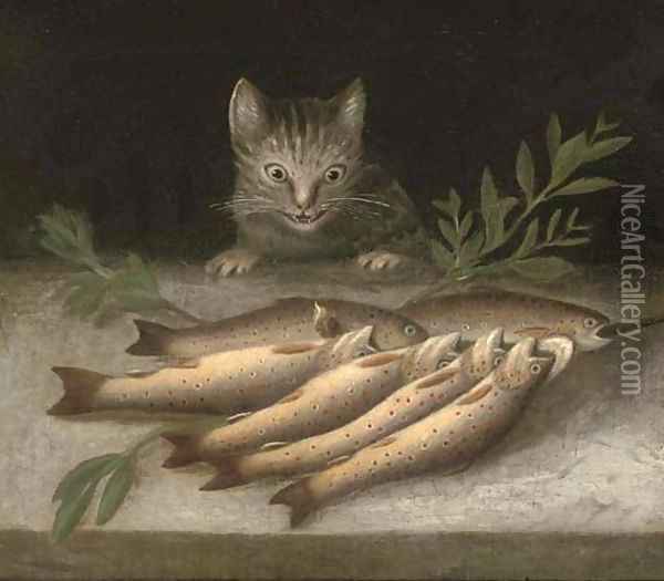 A table of dead fish with a cat looking on Oil Painting - Sebastien Stoskopff