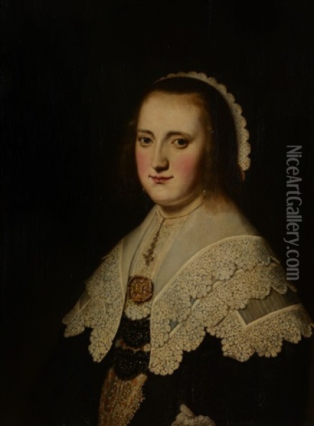 Portrait Of A Lady, Half-length, In A Black Dress With An Elaborate Lace Collar Oil Painting - Thomas De Keyser