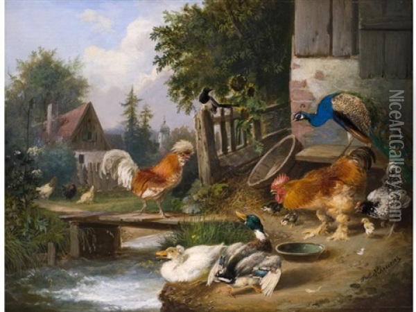 Huhnerhof Mit Pfau Und Enten Oil Painting - Julius Scheuerer