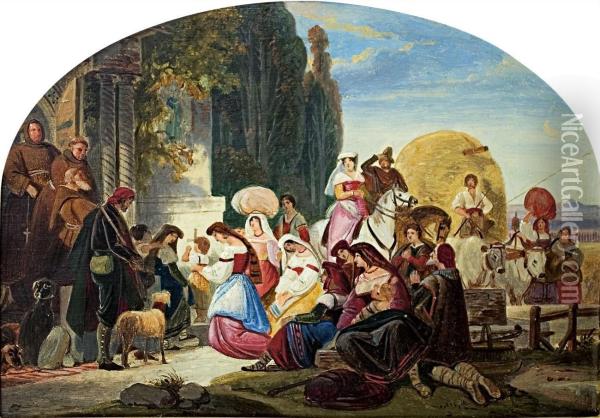 Bauern Aus Der Campagna An Einem Klosterportal Betend Oil Painting - August Ferdinand Hopfgarten