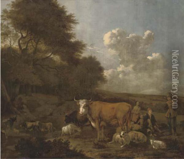 An Extensive Wooded Landscape With Herdsmen On A Track Oil Painting - Albert-Jansz. Klomp