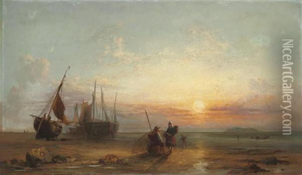 Fisherfolk On The Coast At Sunset Oil Painting - James Webb