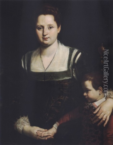 Portrait Of A Seated Woman And Her Young Son Oil Painting - Giuseppe Mazzuoli