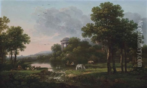 A Wooded Landscape With Amorous Couples Beside A River Oil Painting - George Barrett Jr.